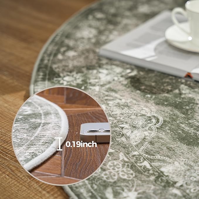 jinchan Round Rug 4ft Area Rug - Green Vintage Floor Mat Kitchen Indoor - Washable Circle 4' Thin Floral Print Carpet Retro Farmhouse Non Slip Dining Room Living Room Bedroom Office-CubbioJoy