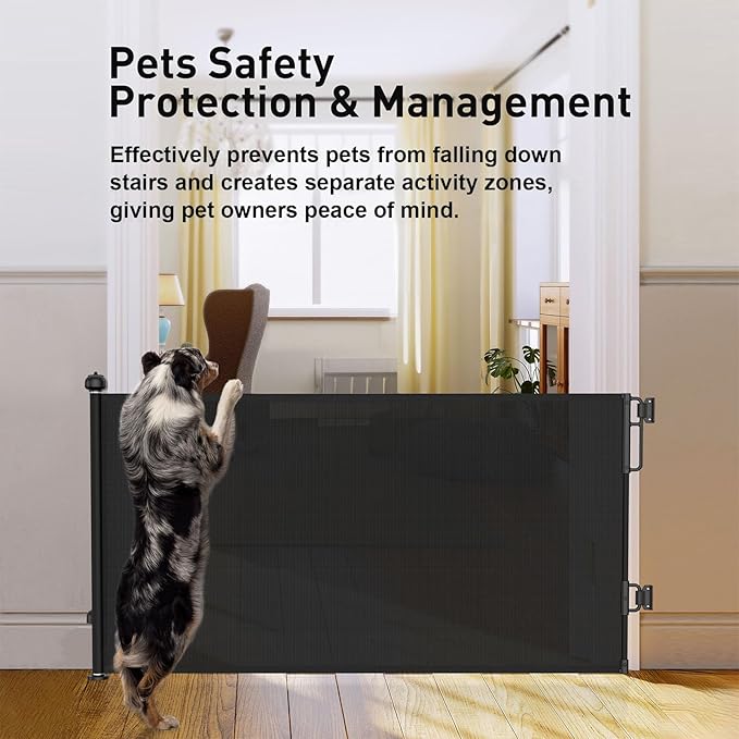 Cumbor Retractable Baby Gates for Stairs, Mom Choice Award Winner-55 Wide Mesh Dog Gate for Doorways, 34" Tall Easy to Use Pet Fence for The House, Toddler Safety Essentials Indoor&Outdoor, Black-CubbioJoy