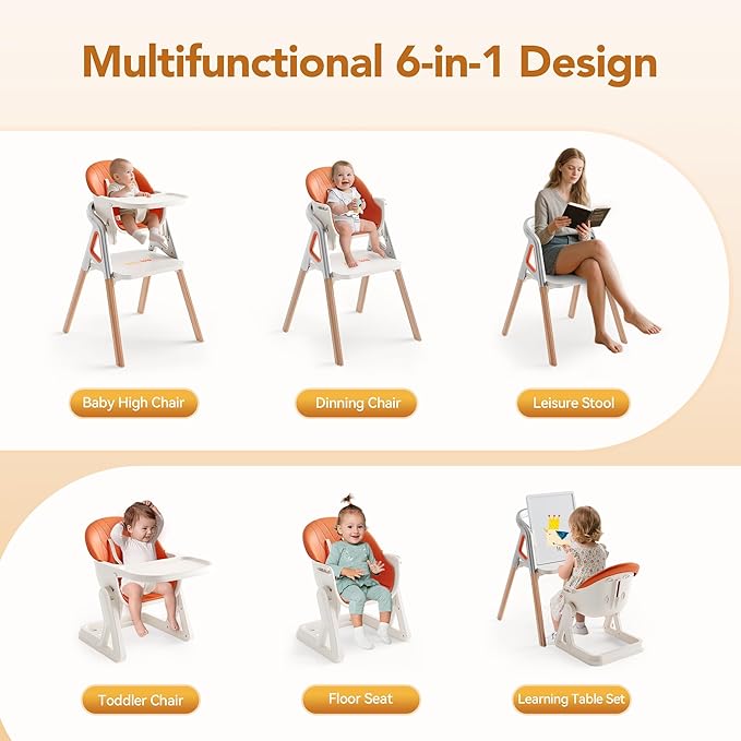 CoziBB Baby High Chair, 6 in 1 Convertible Growing Baby Highchairs for Babies and Toddlers, Baby Chair with Adjustable Dining Tray and Seat, 5-Point Safety Belt,White-CubbioJoy