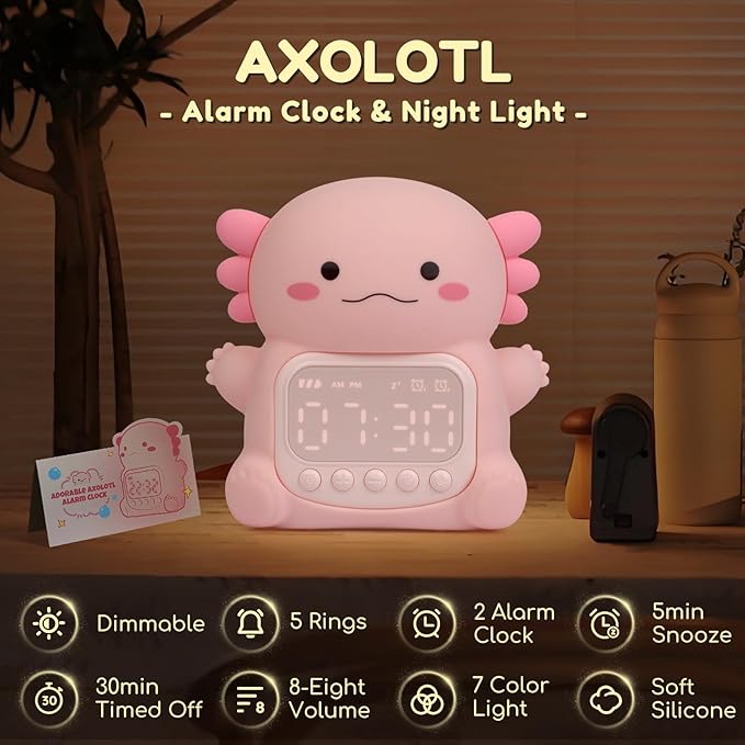 Axolotl Alarm Clock with Night Light for Kids, 7 RGB Color Cute Alarm Clocks for Bedrooms Ok to Wake Clocks, Silicone Animal Tabletop Lamp for Teen Girls Boys-CubbioJoy