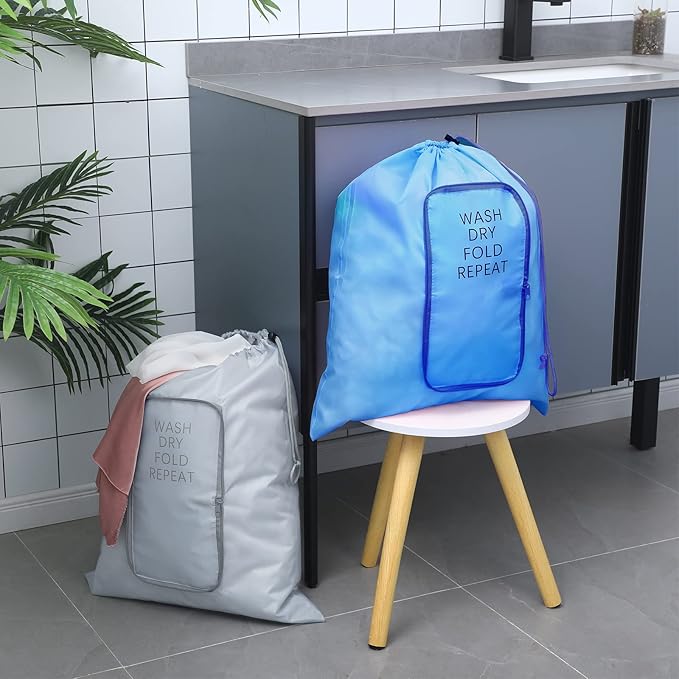 2 Pcs Travel Laundry Bag Washable Dirty Clothes Bag with Drawstring and Zipper for Suitcase, 22 x 18 Inch (Gray, Blue,Classic)-CubbioJoy