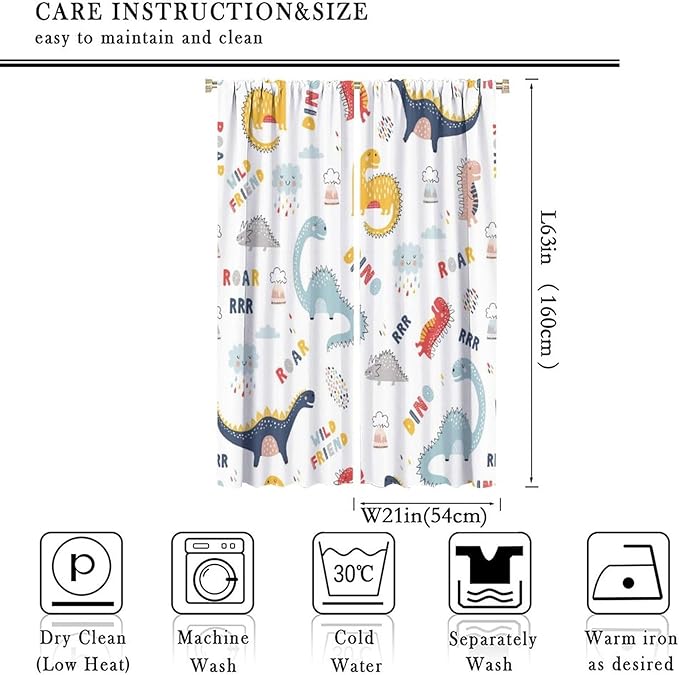 Cartoon Dinosaur Curtains for Kids Boys Girls Home Decor Colorful Cute Dino Animals Print Pattern Rod Pocket Blackout Window Drapes for Nursery Baby Bedroom Playroom W21xL63in 2 Panels-CubbioJoy