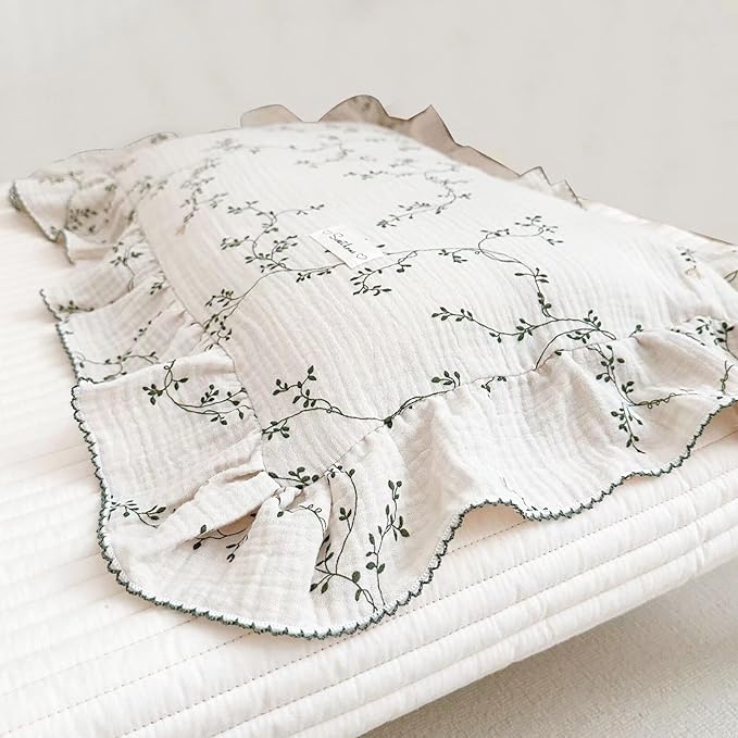 BuLuTu 100% Cotton Muslin Floral Pillowcase Standard Size Soft Breathable Gauze Cotton Kids Teens Pillow Cases 20"x26", Durable Pillow Cover, 1 Piece, Vine Pattern, Machine Wash-CubbioJoy