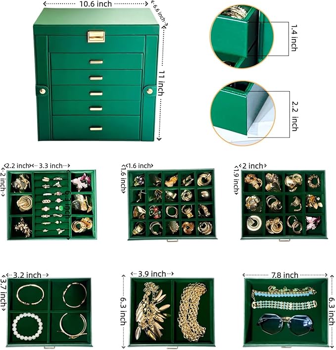 BOOVO Jewelry Box For women, 6 Layer Large Jewelry Organizer With Mirror, Multi-Function Storage Box With Lock, Necklace Holder With 5 Drawers, For Earrings Necklace Bracelet (Green and Gold)-CubbioJoy