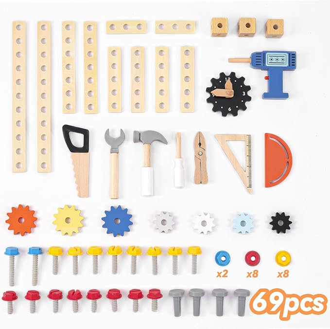 69‑Piece Wooden Kids Tool Bench – Montessori Toddler Workbench with Pretend Power Drill, Clock & Storage Shelf – STEM Construction Play Set for Boys & Girls Ages 3‑5-CubbioJoy