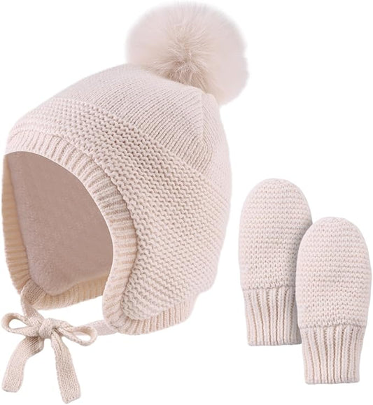 Basic Winter Baby Beanie Gloves Boys Girls Knitted Hat Pompom Kids Earflap Hats Warm Infant Toddler Beanie Mittens Set-CubbioJoy