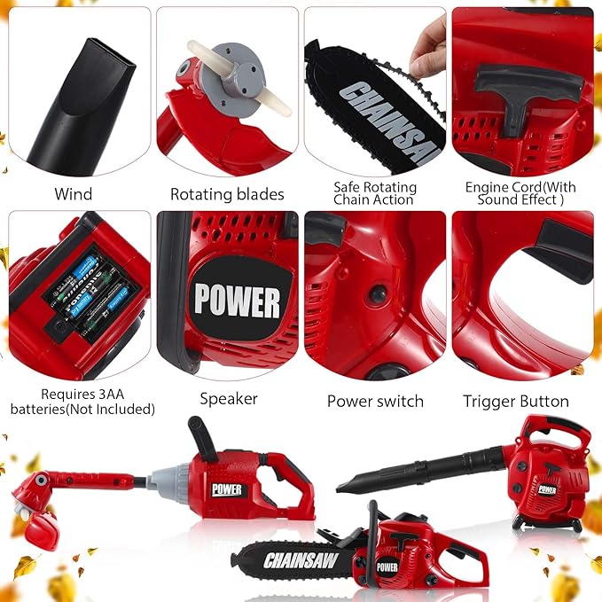 3 Pcs Toy Gardening Tool Set for Kids Toy Leaf Blower Weed Trimmer Chainsaw Pretend Play Set with Lights and Sounds Birthday for Boys Girls-CubbioJoy