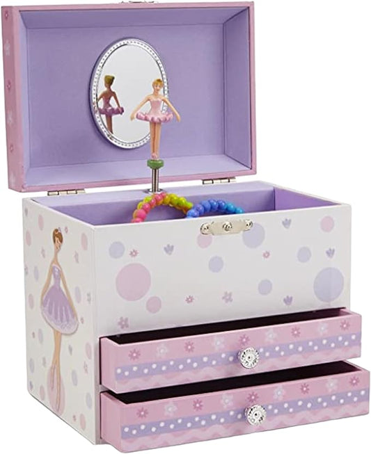 Jewelkeeper Jewelry Box for Girls with Ballerina and Music Box - Dual Drawers and Spacious Storage - Swan Lake Tune - White and Purple Jewelry Keepsake Chest - 6 x 6.75 x 5.25 Inches-CubbioJoy