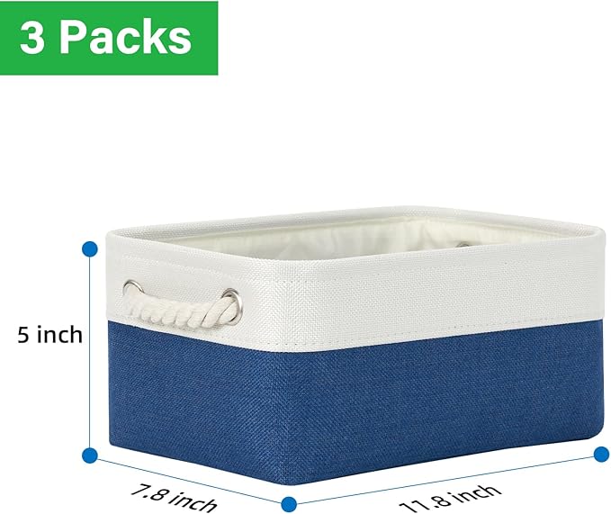 Bidtakay Small Storage Baskets for Shelves 3 Pack Fabric Storage Bins for Organizing Linen Collapsible Organizer for Closet-White&Blue-CubbioJoy