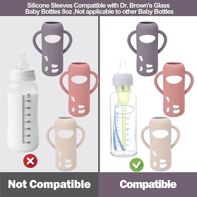 BUSOHA 3 Pack Silicone Sleeves for Dr Brown Glass Baby Bottles - Drop Protection Baby Bottle Sleeves,Compatible with Dr. Brown's Newborn Glass Bottles,with Silicone Handles,8 oz-CubbioJoy