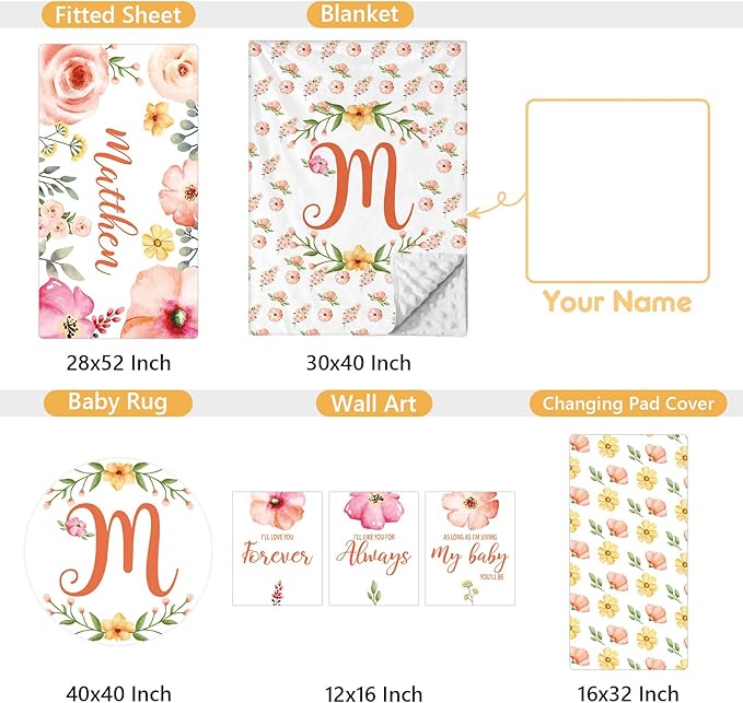 Custom Baby Bedding Set - 5 Pcs Customized Nursery Bedding Set with Name - Comfortable Double Layer Crib Sets for Girls Boys - Personalized Gifts for Toddler Infant New Parents - Orange Flowers-CubbioJoy