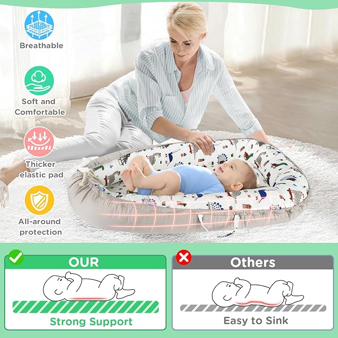 Baby Lounger - Baby Lounger for Newborn 0-24 Months, Breathable and Soft Cotton Cover Baby Nest, Portable Cozy Tummy Time Lounger for Home and Travel, Ideal Baby Essentials & Shower Gifts-CubbioJoy