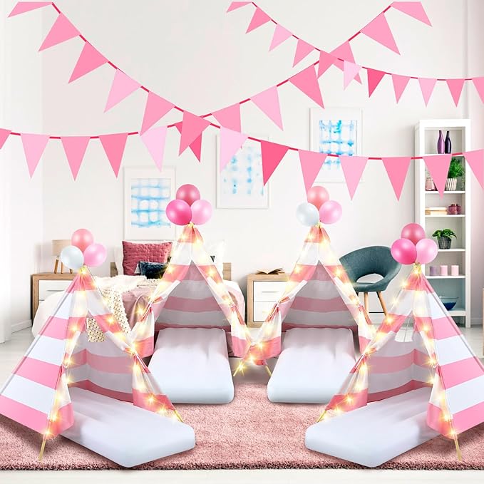 2 Pack Kids Teepee Tent with Mattress,Fitted Sheet,Light String,Washable Natural Cotton Toddler Play Tent for Girls Boys Indoor Outdoor Sleepover Slumber Birthday Party(Pink and White)-CubbioJoy