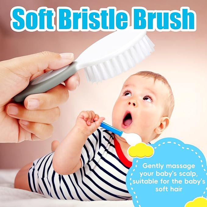 Baby Hair Brush and Comb Set, 4Pcs Baby Soft Bristles Brush Cradle Cap Brush Hair Comb for Newborns Toddlers Boys Girls (Grey)-CubbioJoy
