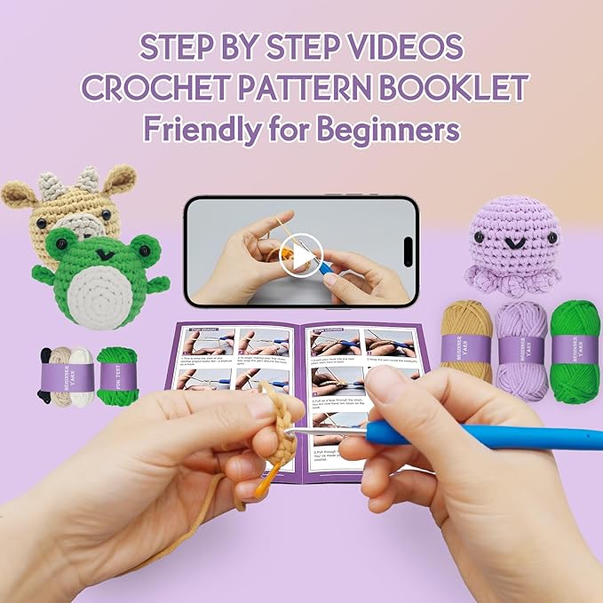 Crochet Kit for Beginners - Knitting Kit for Adults & Kids | Learn to Crochet Animals Frog Octopus Cow with Step-by-Step Video Tutorials-CubbioJoy