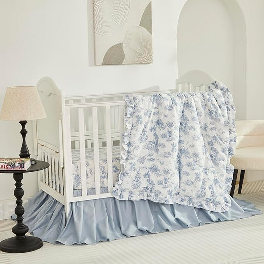 Brandream 3 Pieces French Country Toile Crib Bedding Set for Girls Vintage Blue Toile Floral Print 100% Cotton Baby Girl Nursery Bedding Collection - Ruffles Quilt,Toile Crib Sheet,Crib Bed Skirt-CubbioJoy