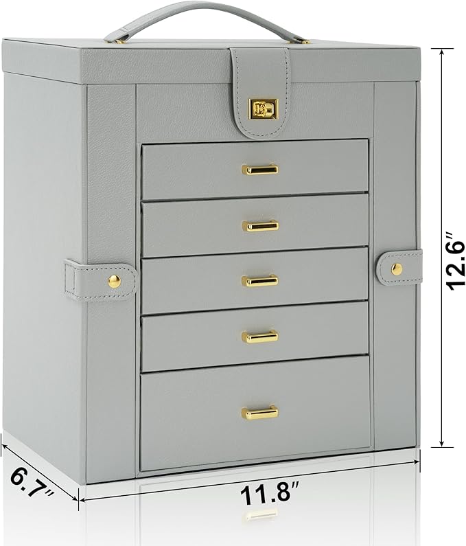 AKOZLIN Extra Large 6-Tier Jewelry Box Organizer Functional Huge, 5 Drawers Leather Jewelry Storage Case for Women Girls Ring Necklace Earring Bracelet Holder Organizer with Mirror Grey-CubbioJoy