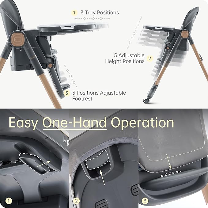 6 in 1 Convertible High Chairs for Babies and Toddlers,Portable High Chair with Dishwasher Tray and 4 Wheel,Booster Seat for Dining Table,Foldable Toddle and Baby Feeding Highchair (Gold-Grey)-CubbioJoy