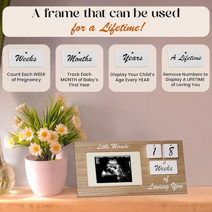 Brown Ultrasound Sonogram Picture Frame with Milestone Tracker – Elegant Wooden Keepsake for Expecting Parents – Nursery Décor Gift for New Moms – Countdown Tiles Included – 12" x 6" Design-CubbioJoy