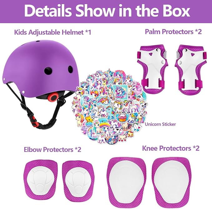 Kids Bike Helmet with Knee Elbow Wrist Pads Guards,Pink,for Ages 2-3-5-8-14,Sports Bicycle,Skate Scooter,Rollerblading with Unicorn Sticker-CubbioJoy