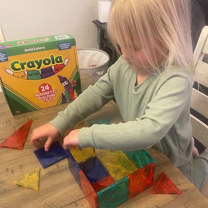 CreateOn Crayola Bold Magnetic Tiles, Building Set for Kids, Magnetic Tiles, Kids’ Building Toys, STEM and Montessori Toys for Boys and Girls Ages 3+, 24-Piece Set (Bold)-CubbioJoy