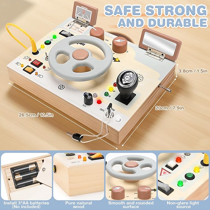 Joyreal Montessori Toddler Busy Board - Montessori Toys for 1 2 3 Years Old, Wooden Sensory Board with LED Lights, Steering Wheel, Music Player, Travel Toys for 1+ Year Old Boy & Girl Birthday Gift-CubbioJoy