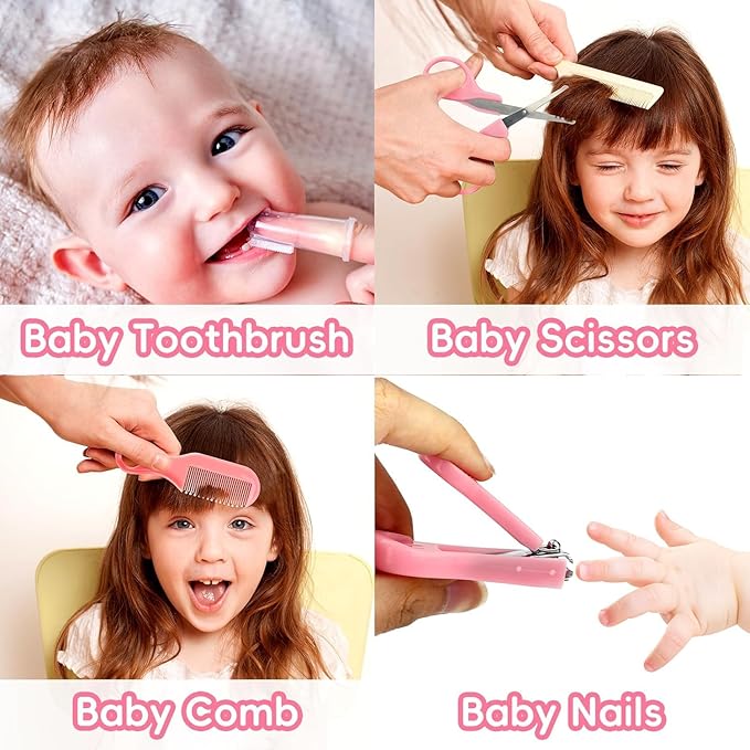 Baby Grooming Kit, Infant Safety Care Set with Hair Brush Comb Nail Clipper Nasal Aspirator,Baby Essentials Kit for Newborn Girls Boys (Pink)-CubbioJoy