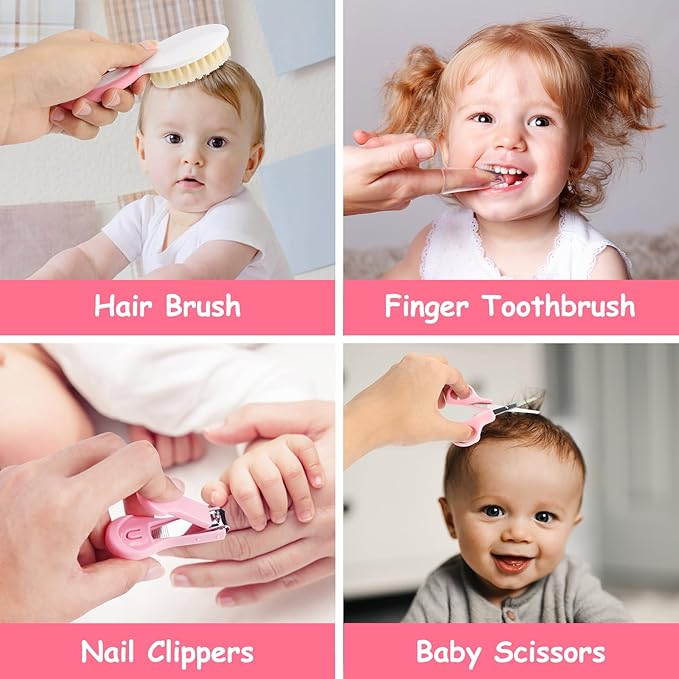 28 in 1 Baby Healthcare and Grooming Kit, Infant Baby Nursery Kit Electric Nail Trimmer Set with Gas Colic Passer Nasal Aspirator Nail Clipper Hair Brush Comb for Newborn Girls Boys (Pink)-CubbioJoy