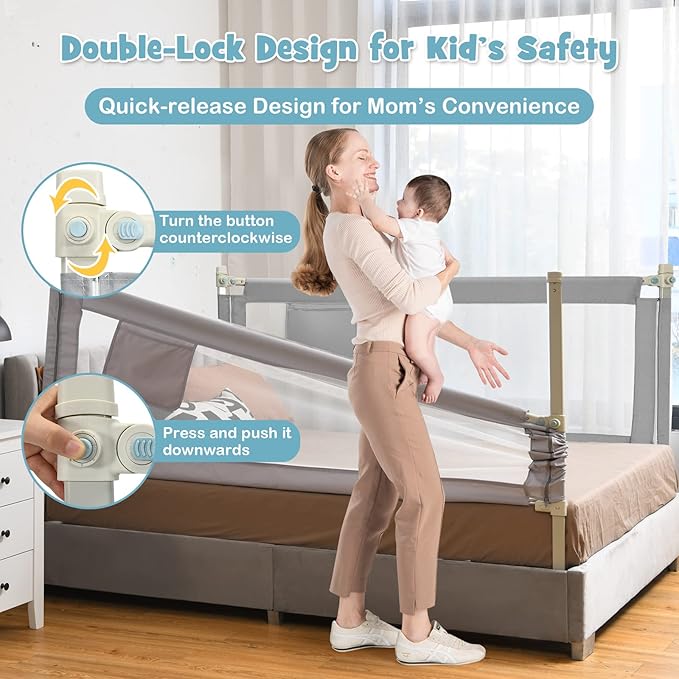 BABY JOY Bed Rail for Toddlers, 77'' Extra Long, Height Adjustable & Foldable Baby Bed Rail Guard w/Storage Pocket & Double Safety Child Lock for Kids Twin Double Full Size Queen King Mattress (Gray)-CubbioJoy