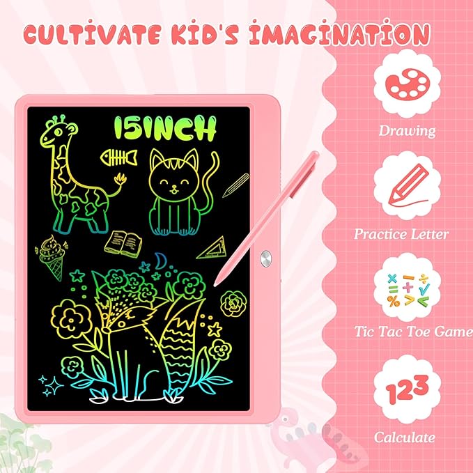 Decute Kids Toys LCD Writing Tablet with Stylus, 15 Inch Erasable Toddlers Doodle Board, Reusable Drawing Pad for Kids, Educational Christmas Birthday Gift for 3 4 5 6 7 8 Girls Boys Toddler Pink-CubbioJoy