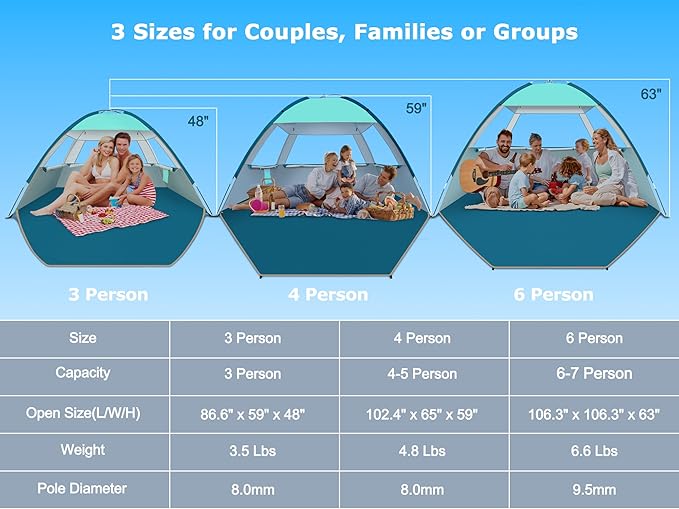 COMMOUDS Beach Tent Sun Shade for 3/4-5/6-7/8-10 Person, UPF 50+ Beach Sun Shelter Canopy Tent, Lightweight, Easy Set Up and Carry-CubbioJoy