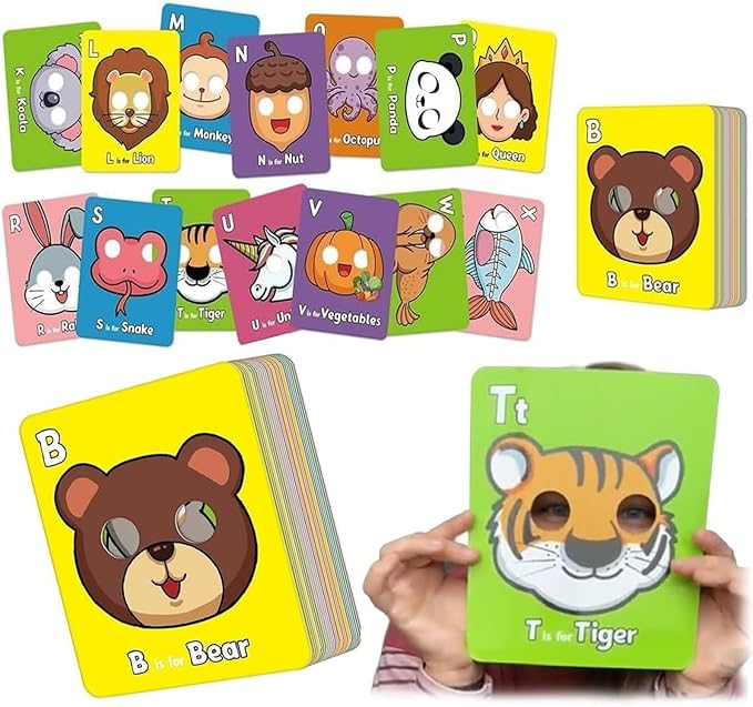 2025 New 26 PCS Alphabet Mask Cards,Alphabet Flash Cards with Animal Masks,Colorful Animals Flash Cards, Interactive Education Games, Learn Letters-CubbioJoy