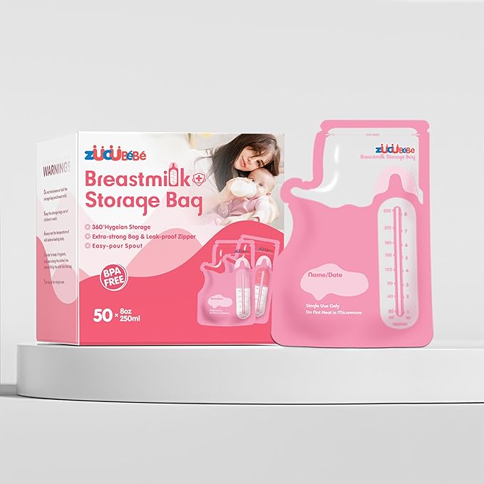 Breastmilk Storage Bags(50 Count)，8oz Milk Storage Bags for Breastfeeding，BPA Free with Easy Pour Spout, Self Standing, for Refrigeration and Freezing Red-CubbioJoy