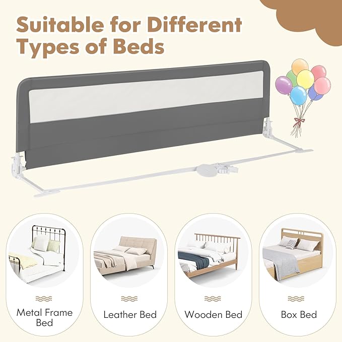 BABY JOY Bed Rails for Toddlers, 71'' Extra Long, Swing Down Bed Guard w/Safety Strap, Folding Baby Bedrail for Kids Twin, Double, Full Size Queen & King Mattress (71-Inch, Gray)-CubbioJoy