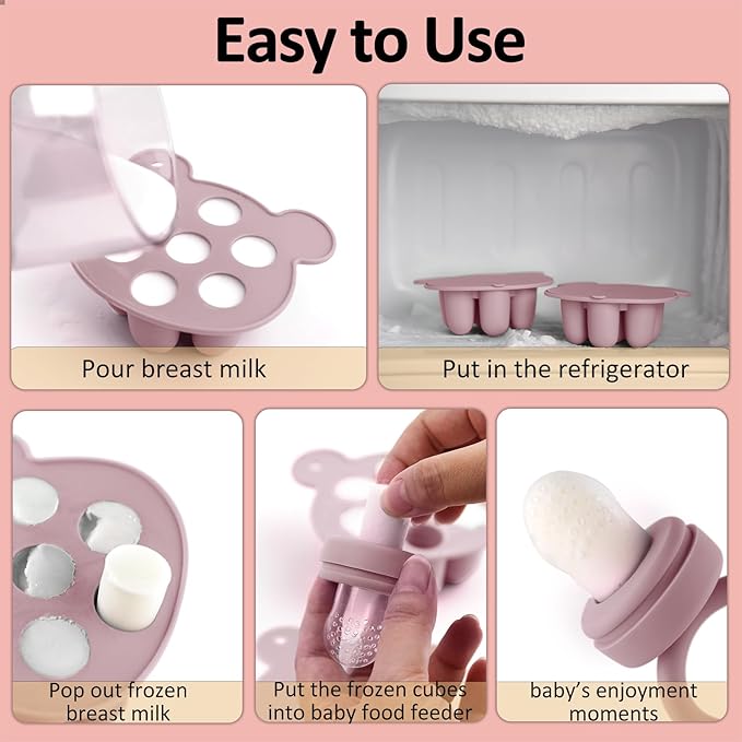 JEXFUN Silicone Breastmilk Popsicle Freezer Molds & Baby Fruit Food Feeder Pacifier, Baby Food Storage Containers Breast Milk Ice Cubes for Baby Teething & Infant Self Feeding, BPA Free - (Light Pink)-CubbioJoy