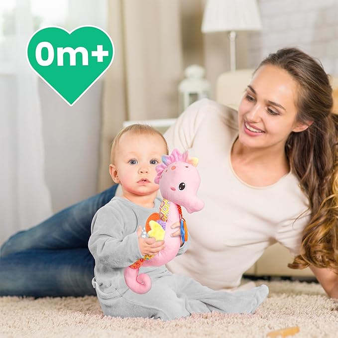 Sumobaby Infant Baby Musical Stuffed Animal Activity Soft Toys with Multi-Sensory Crinkle, Rattle and Textures, for Tummy Time Newborn 0-3-6-12 Months Girls,Seahorses, Pink-CubbioJoy