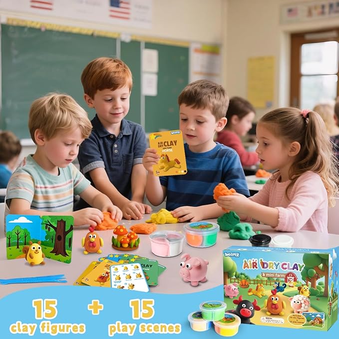 BEIREG Air Dry Clay Farm Adventure Kit for Kids - 15 DIY Farm Animals & Vegetables with Tutorials, Ultra Soft Modeling Magic Clay, Safe Non-Toxic STEM Educational Craft Gift for Boys & Girls Ages 3-12-CubbioJoy