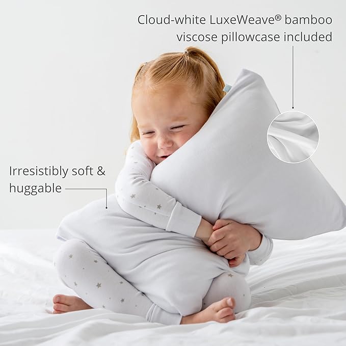 Dreamland Baby Premium Toddler Pillow and White Pillowcase, 13 x 18. Machine Washable, Ergonomic Kids Pillow + Ultra Soft Viscose Pillowcase. Mom-Owned US Business, Premium Materials-CubbioJoy