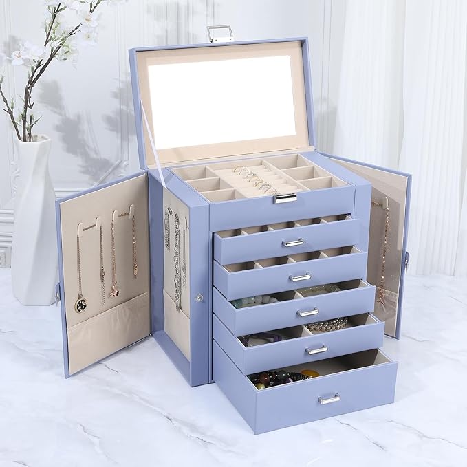 BOOVO Jewelry Box For women, 6 Layer Large Jewelry Organizer With Mirror, Multi-Function Storage Box With Lock, Accessory Holder With 5 Drawers, For Earrings Necklace Ring Bracelet (Purple)-CubbioJoy