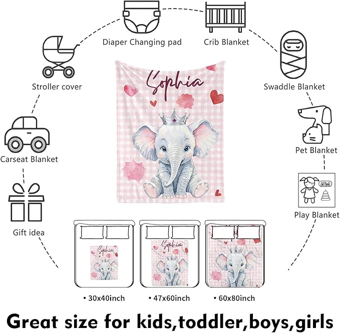 Custom Nursery Crib Bedding Set: Personalized Name 4 Piece Pink Checkered Elephant Pattern Baby Crib Sets for Girls - Toddler Double Layer Blanket Set, Comfortable Crib Bed Sheets for Baby Toddlers-CubbioJoy