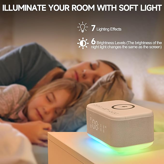 Alarm Clock Speaker Wireless Charger, Digital Alarm Clocks Bedrooms Bluetooth, Alarm Clock Dimmable Light Bedrooms Dual Alarm Snooze Dimmer 12 24H RGB Night Light Bluetooth USB AUX, White-CubbioJoy