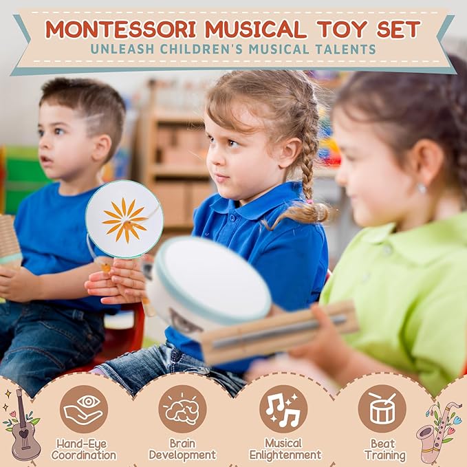 Baby Musical Instruments - Montessori Musical Toys for Toddlers 1-3, Wooden Percussion Instruments Set, Neutral Colors Modern Boho Music Toys for 1 Year Old, Kids Preschool Educational Birthday Gifts-CubbioJoy