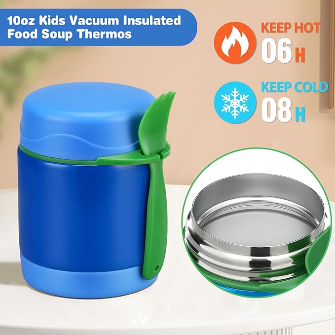 Bento Lunch Box Set With 10oz Soup Thermo, Leak-proof Lunch Containers with 4 Compartment, Kids Hot Thermo Food Jar/Insulation Lunch Bag, Food Containers for School （Blue）-CubbioJoy