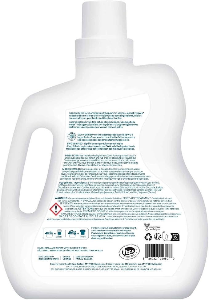 ATTITUDE Baby Laundry Detergent Liquid, EWG Verified, Safe for Baby Clothes, Infant and Newborn, Naturally Derived, HE Compatible, Soothing Chamomile, 80 Loads, 67.6 Fl Oz (AMAZON EXCLUSIVE)-CubbioJoy