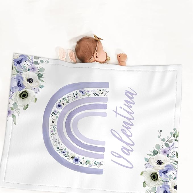 Baby Girl Crib Bedding Sets Personalized with Name – Custom 3-Piece Nursery Set, Rainbow with Floral Flannel Blanket, Crib Fitted Sheet & Pillowcase – Baby Newborn Infant Toddler Shower Gift-CubbioJoy