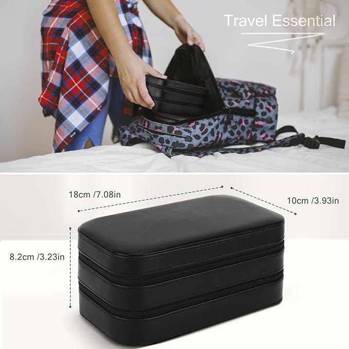 DesignSter Small Travel Jewelry Box with Double Zipper, 2 Layers PU Portable Jewelry Case for Women and Girls,Travel Jewelry Organizer for Rings, Earrings, Necklaces, Bracelets,Black-CubbioJoy