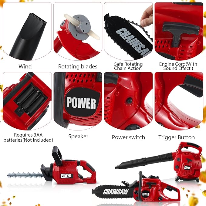 3 Pcs Toy Gardening Tool Set for Kids Toy Leaf Blower Hedge Trimmer Chainsaw Pretend Play Set with Lights and Sounds Birthday for Boys Girls-CubbioJoy