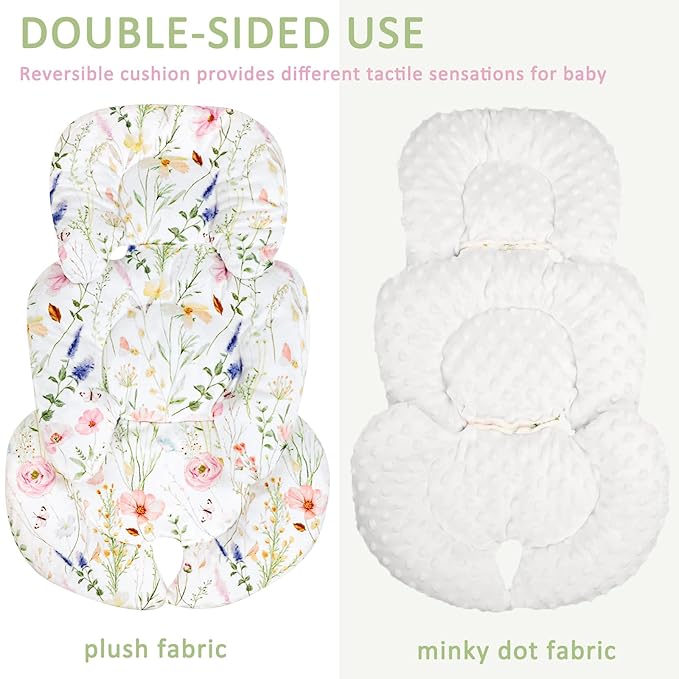 Infant Car Seat Insert, Car Seat Head Support Baby Girls Boys, Soft & Reversible Newborn Carseat Insert Cushion with 2 Strap Covers, for Stroller, Swing, Bouncer (White Wildflowers)-CubbioJoy