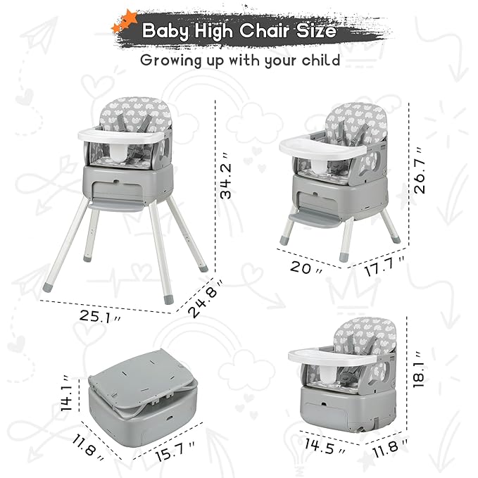 4 in 1 Portable Baby High Chair,Convertible Highchair for Babies & Toddlers-Foldable Infant Booster Seat,Carry Small Box,Dining Chair,Toddler High Chair with 5-Point Harness,Removable Tray-Grey-CubbioJoy