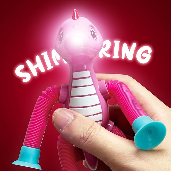 Dinosaur Pop Tubes Toys LED Light Up Mini Figures Fidget Sensory Toys Dino Telescopic Suction Cup Gift Sets, Toddler Autism Stress Relief Party Favors Prizes Stocking Stuffers for Kids 3+-CubbioJoy
